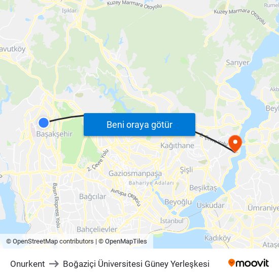 Onurkent to Boğaziçi Üniversitesi Güney Yerleşkesi map