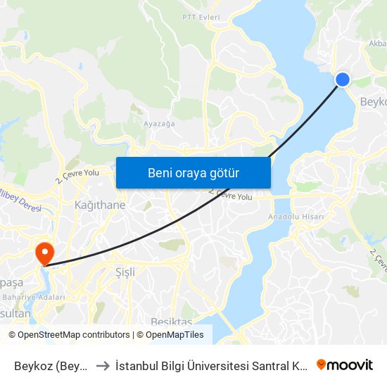 Beykoz (Beyden) to İstanbul Bilgi Üniversitesi Santral Kampüsü map