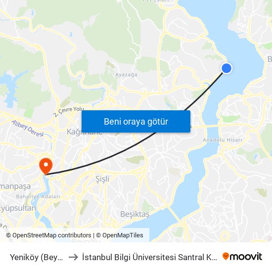 Yeniköy (Beyden) to İstanbul Bilgi Üniversitesi Santral Kampüsü map