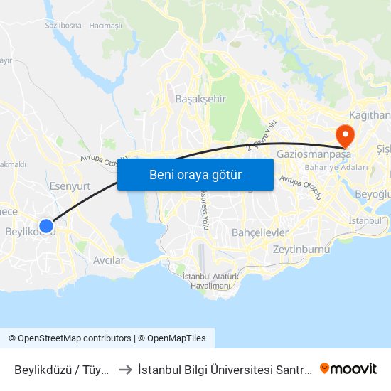 Beylikdüzü / Tüyap Yönü to İstanbul Bilgi Üniversitesi Santral Kampüsü map