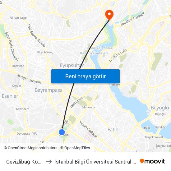 Cevizlibağ Köprüsü to İstanbul Bilgi Üniversitesi Santral Kampüsü map