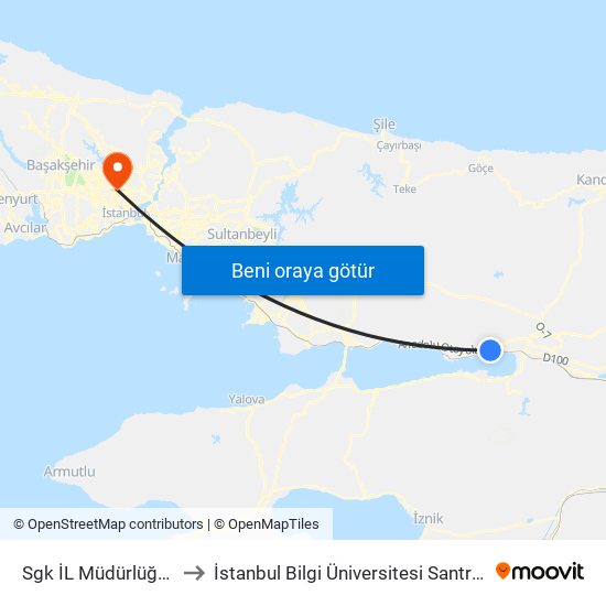 Sgk İL Müdürlüğü D 100 to İstanbul Bilgi Üniversitesi Santral Kampüsü map