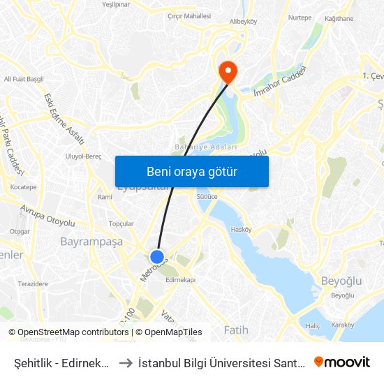 Şehitlik  - Edirnekapi Yönü to İstanbul Bilgi Üniversitesi Santral Kampüsü map