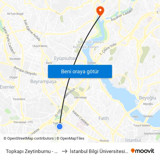 Topkapı Zeytinburnu - Zeytinburnu Yönü to İstanbul Bilgi Üniversitesi Santral Kampüsü map
