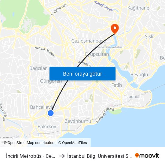 İncirli Metrobüs - Cevizlibağ Yönü to İstanbul Bilgi Üniversitesi Santral Kampüsü map