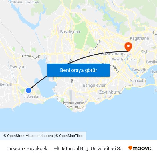 Türksan - Büyükçekmece Yönü to İstanbul Bilgi Üniversitesi Santral Kampüsü map