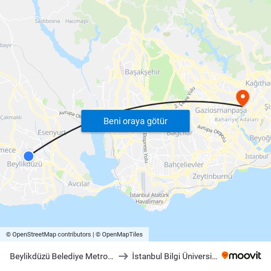 Beylikdüzü Belediye Metrobüs - Büyükçekmece Yönü to İstanbul Bilgi Üniversitesi Santral Kampüsü map