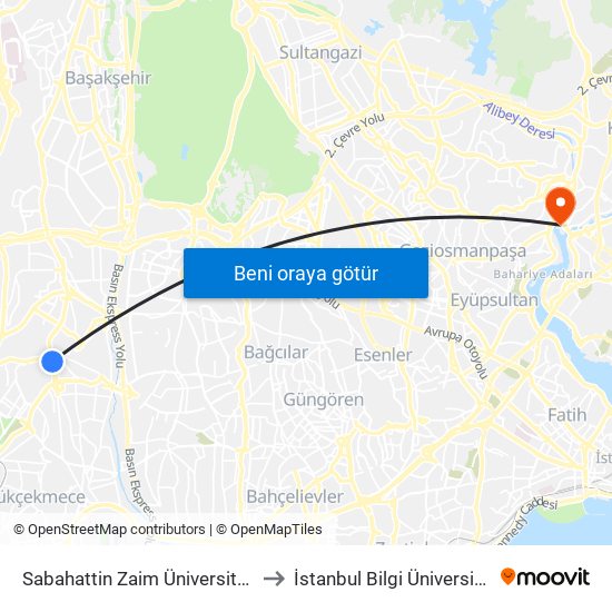 Sabahattin Zaim Üniversitesi - Sefaköy-İkitelli Yönü to İstanbul Bilgi Üniversitesi Santral Kampüsü map