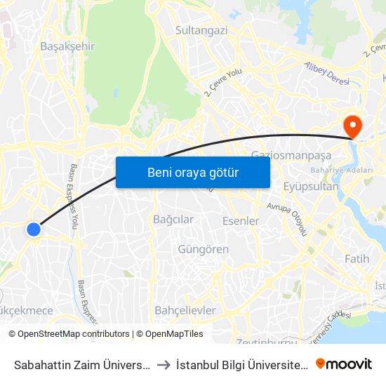 Sabahattin Zaim Üniversitesi - Sefaköy Yönü to İstanbul Bilgi Üniversitesi Santral Kampüsü map
