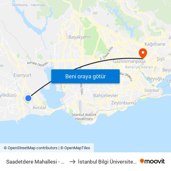 Saadetdere Mahallesi - Büyükçekmece Yönü to İstanbul Bilgi Üniversitesi Santral Kampüsü map