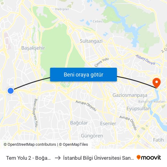 Tem Yolu 2 - Boğazköy Yönü to İstanbul Bilgi Üniversitesi Santral Kampüsü map