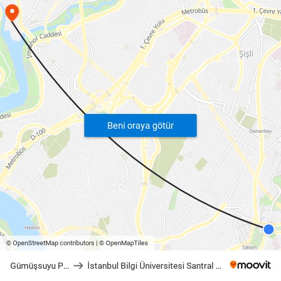 Gümüşsuyu Peron to İstanbul Bilgi Üniversitesi Santral Kampüsü map