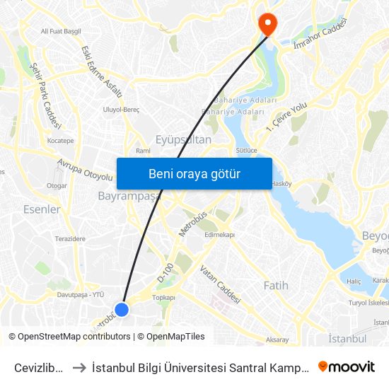 Cevizlibağ to İstanbul Bilgi Üniversitesi Santral Kampüsü map