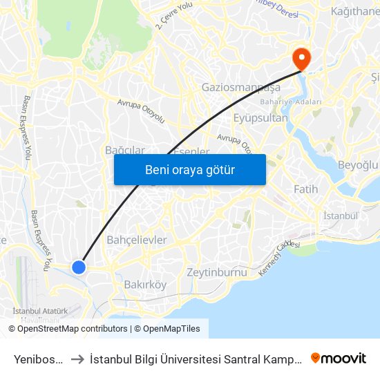 Yenibosna to İstanbul Bilgi Üniversitesi Santral Kampüsü map
