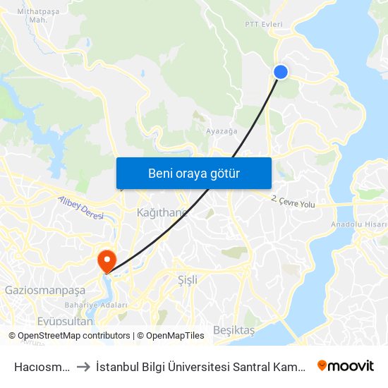 Hacıosman to İstanbul Bilgi Üniversitesi Santral Kampüsü map