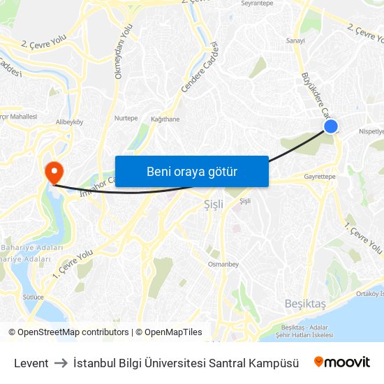 Levent to İstanbul Bilgi Üniversitesi Santral Kampüsü map