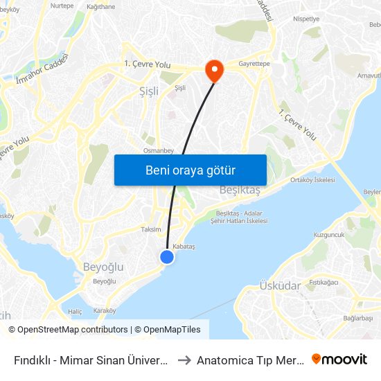 Fındıklı - Mimar Sinan Üniversitesi to Anatomica Tıp Merkezi map