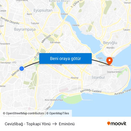 Cevizlibağ - Topkapi Yönü to Eminönü map