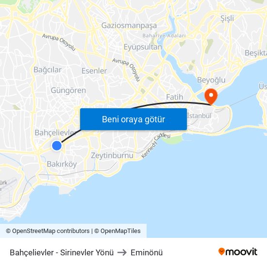 Bahçelievler - Sirinevler Yönü to Eminönü map