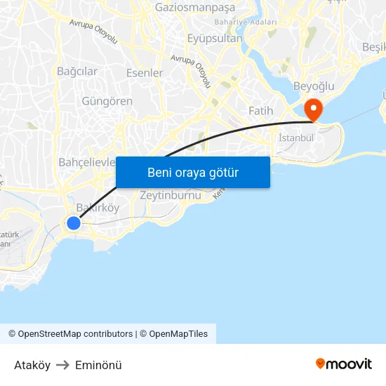 Ataköy to Eminönü map