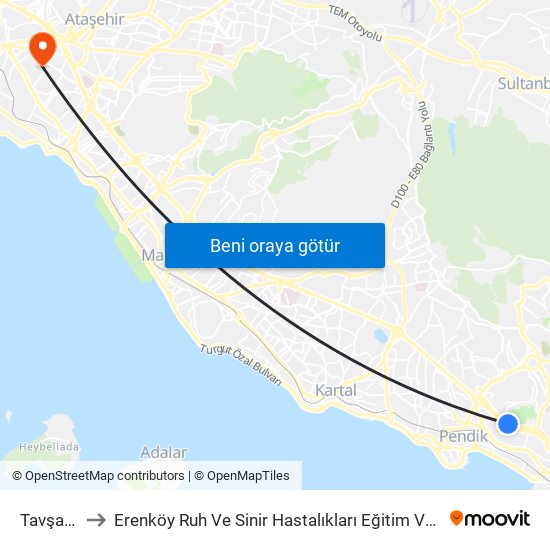 Tavşantepe to Erenköy Ruh Ve Sinir Hastalıkları Eğitim Ve Araştırma Hastanesi map