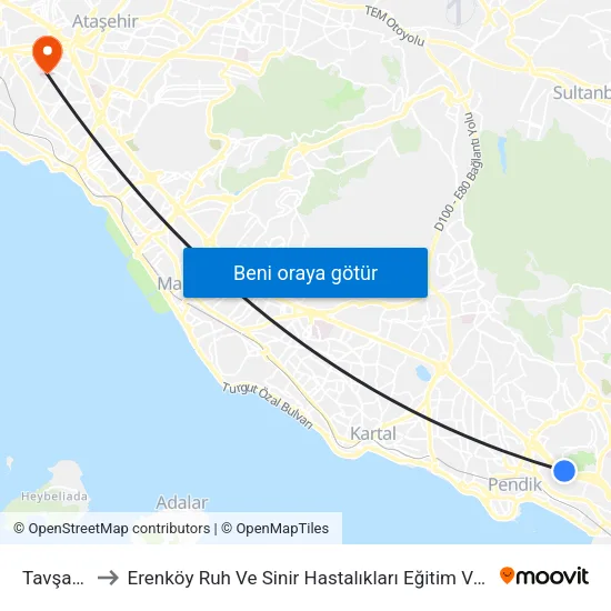Tavşantepe to Erenköy Ruh Ve Sinir Hastalıkları Eğitim Ve Araştırma Hastanesi map