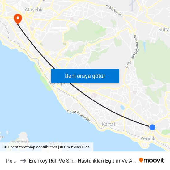 Pendik to Erenköy Ruh Ve Sinir Hastalıkları Eğitim Ve Araştırma Hastanesi map