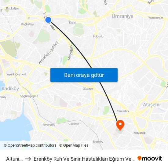 Altunizade to Erenköy Ruh Ve Sinir Hastalıkları Eğitim Ve Araştırma Hastanesi map