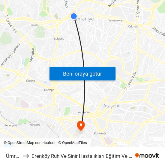 Ümraniye to Erenköy Ruh Ve Sinir Hastalıkları Eğitim Ve Araştırma Hastanesi map