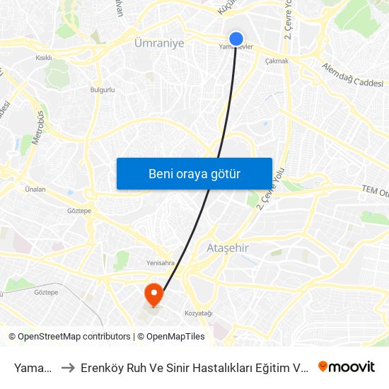 Yamanevler to Erenköy Ruh Ve Sinir Hastalıkları Eğitim Ve Araştırma Hastanesi map