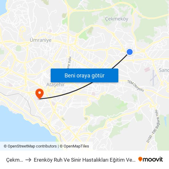 Çekmeköy to Erenköy Ruh Ve Sinir Hastalıkları Eğitim Ve Araştırma Hastanesi map