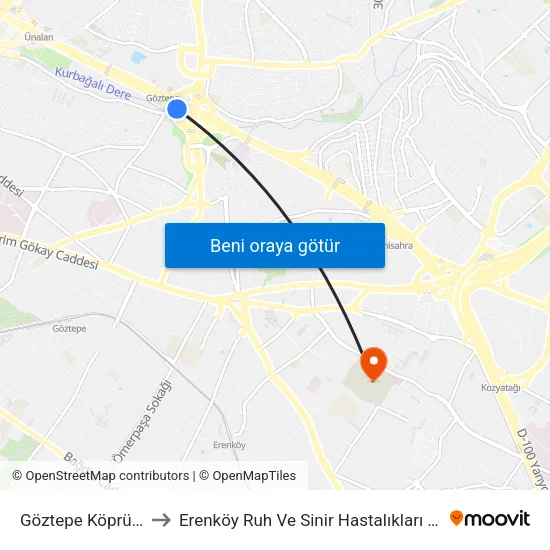 Göztepe Köprüsü - Tuzla Yönü to Erenköy Ruh Ve Sinir Hastalıkları Eğitim Ve Araştırma Hastanesi map