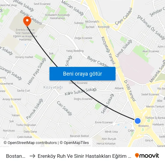 Bostancı (M4) to Erenköy Ruh Ve Sinir Hastalıkları Eğitim Ve Araştırma Hastanesi map