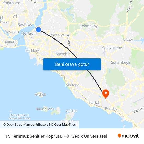 15 Temmuz Şehitler Köprüsü to Gedik Üniversitesi map