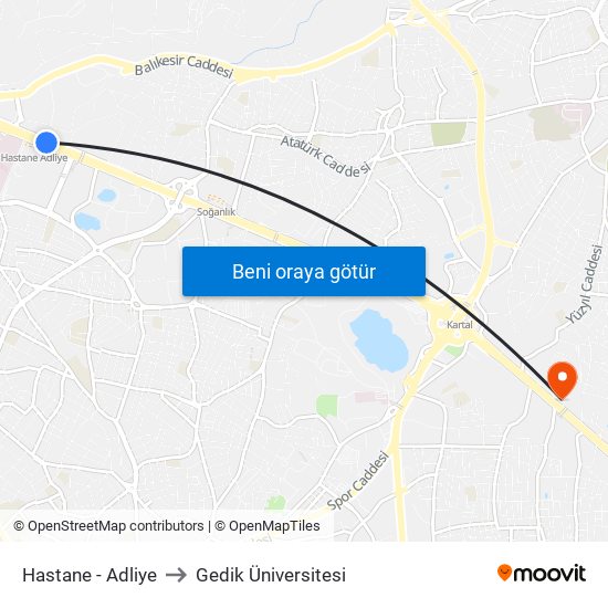 Hastane - Adliye to Gedik Üniversitesi map