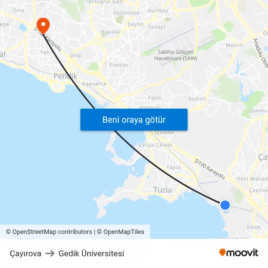 Çayırova to Gedik Üniversitesi map