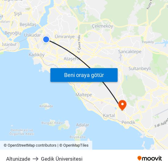 Altunizade to Gedik Üniversitesi map