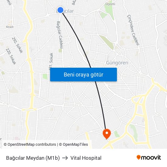 Bağcılar Meydan (M1b) to Vital Hospital map