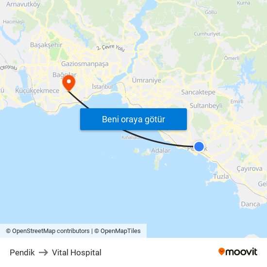 Pendik to Vital Hospital map