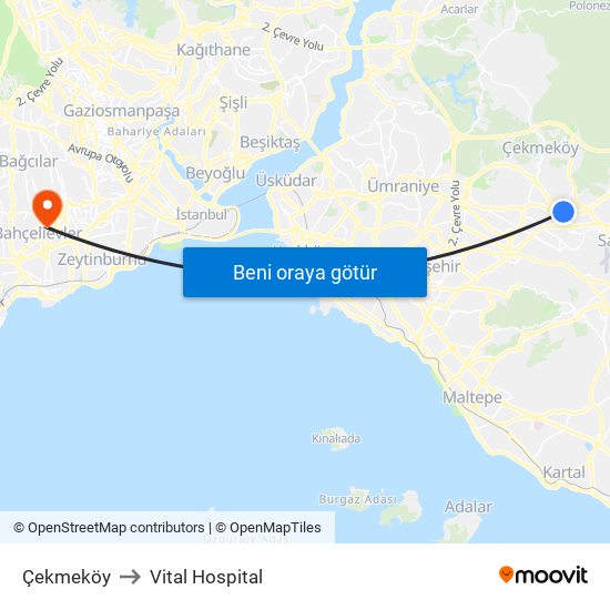 Çekmeköy to Vital Hospital map