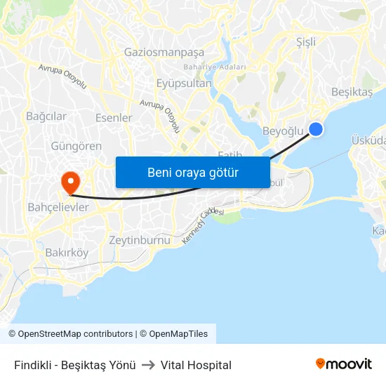 Fındıklı - Beşiktaş Yönü to Vital Hospital map