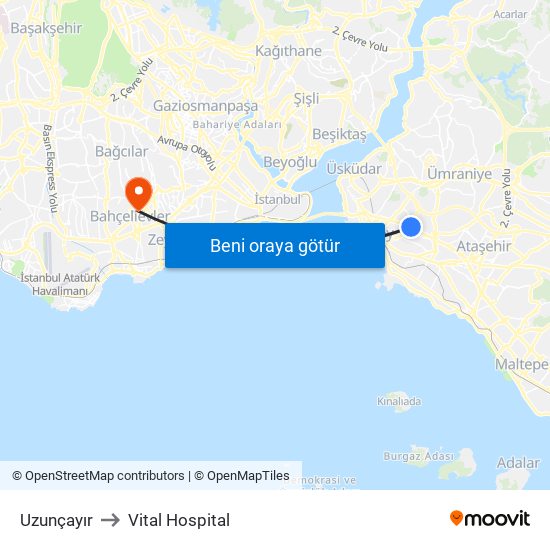 Uzunçayır to Vital Hospital map