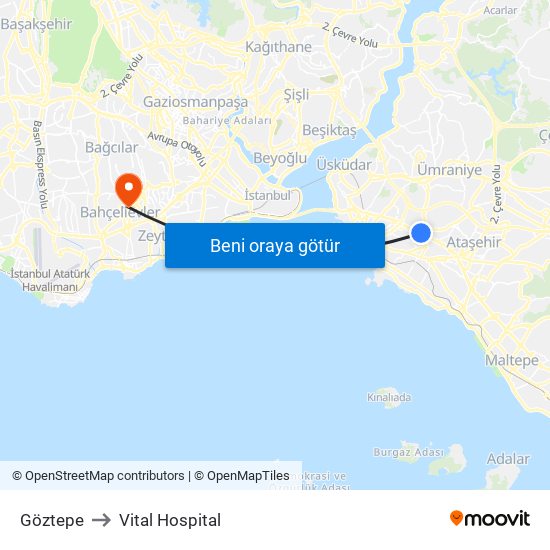 Göztepe to Vital Hospital map