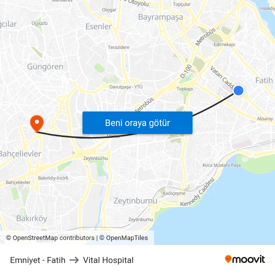 Emniyet - Fatih to Vital Hospital map