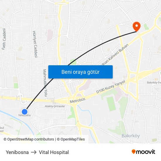 Yenibosna to Vital Hospital map