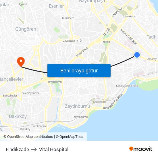 Fındıkzade to Vital Hospital map
