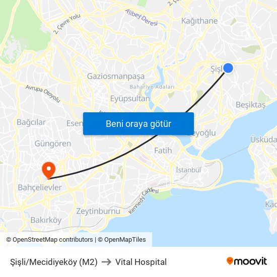 Şişli/Mecidiyeköy (M2) to Vital Hospital map