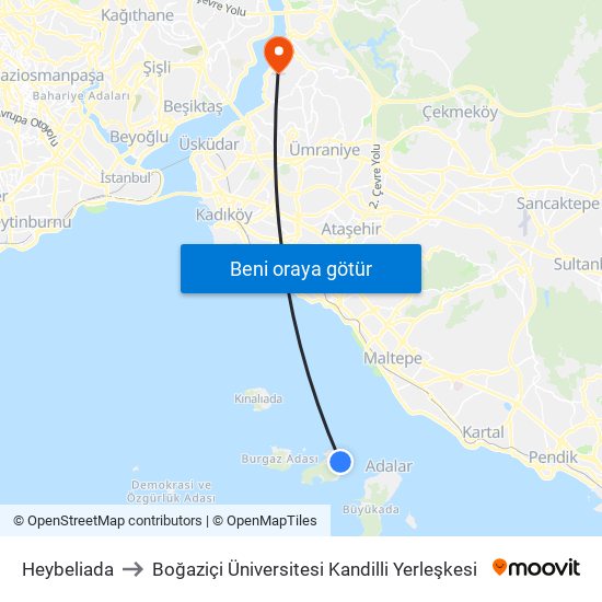 Heybeliada to Boğaziçi Üniversitesi Kandilli Yerleşkesi map