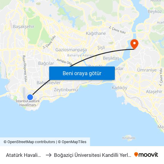 Atatürk Havalimanı to Boğaziçi Üniversitesi Kandilli Yerleşkesi map