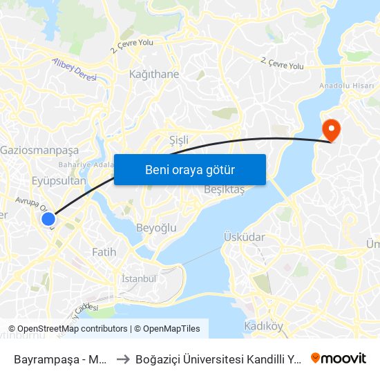 Bayrampaşa - Maltepe to Boğaziçi Üniversitesi Kandilli Yerleşkesi map